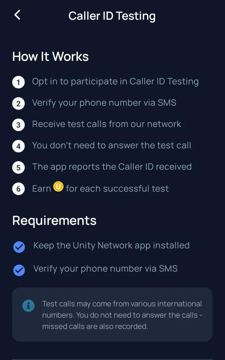 Unetwork app caller ID testing screen