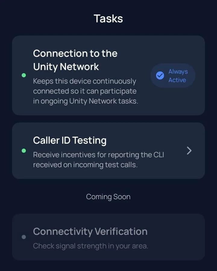 Unetwork app task activation screen