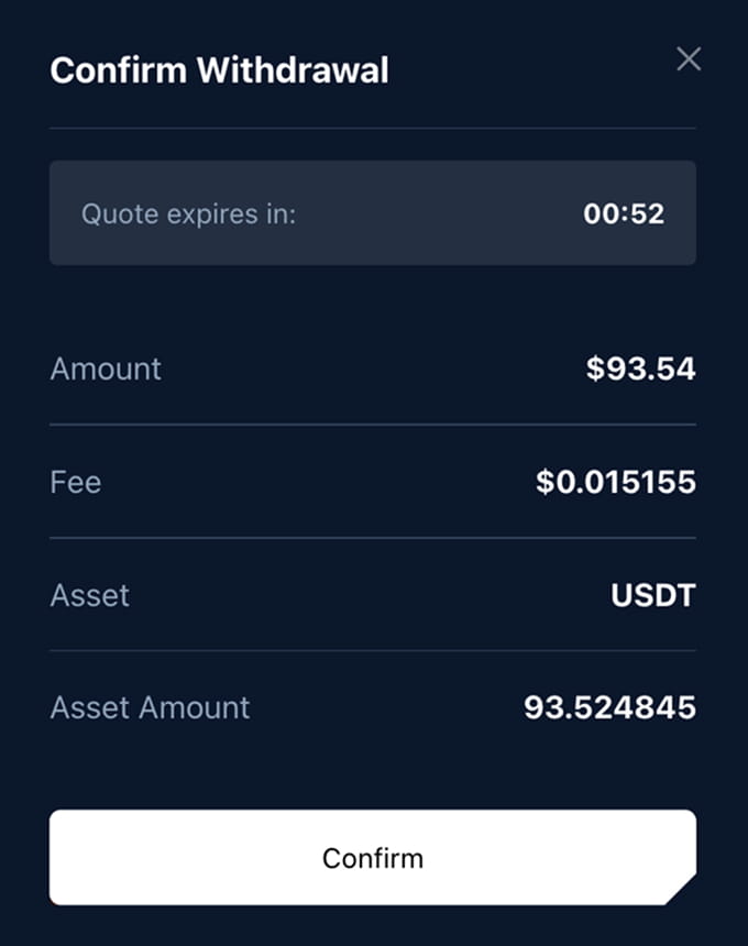 Unetwork confirmation quote showing amount, fee, asset, asset amount, and confirm button