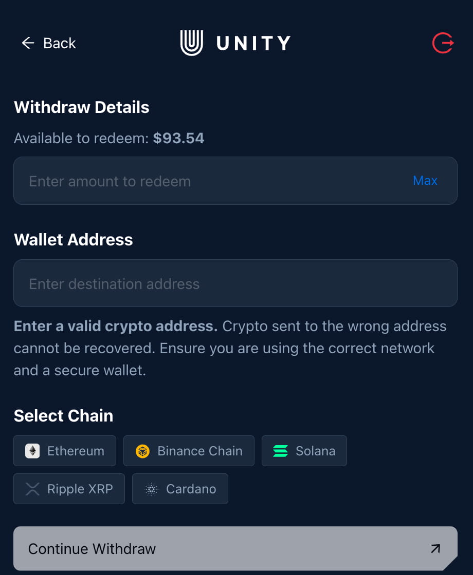 Unetwork crypto withdrawal details screen with amount, wallet address, and chain choices